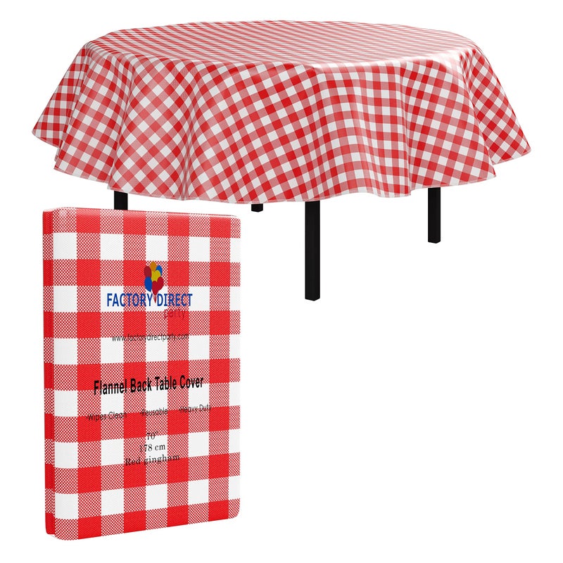 Exquisite Red Gingham (Checkerboard) Vinyl Tablecloths - 70 in. Round with Flannel Backing - Plastic, Reusable & Waterproof - Image 1